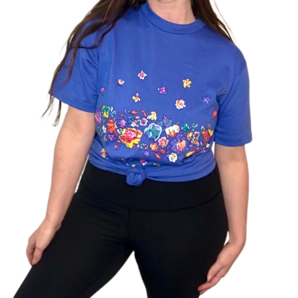 VINTAGE 80s Retro Blue Graphic Spring Flowers Floral Colorful T-shirt Medium
